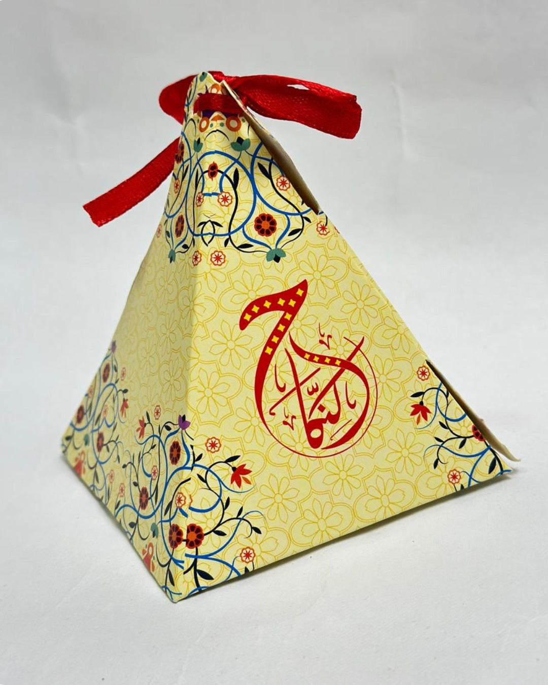 Floral Pyramid Nikah Favor Box with Ribbon – Elegant Gift Packaging by Raza Agencies