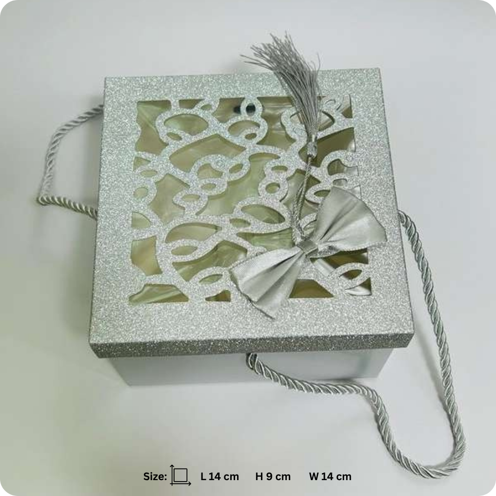 50 Pcs Premium Glitter Window Laddu Gift Box with Handle – Gold & Silver